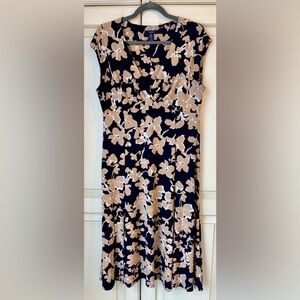 Chaps Navy and Cream Floral Midi Dress. Size Large.